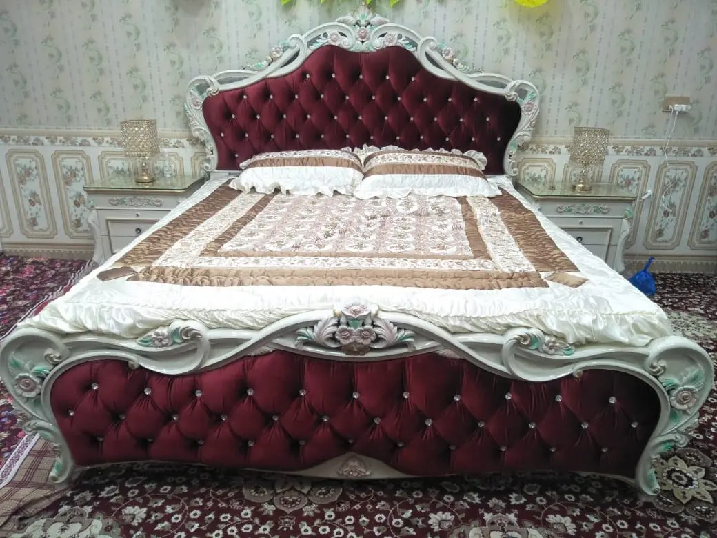 Red Velvet Fold Petal Trim Bed | Luxury Furniture Multan
