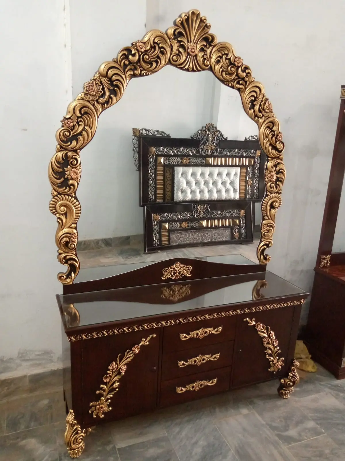 Crimson Velvet Baroque Carved Bed Dressing