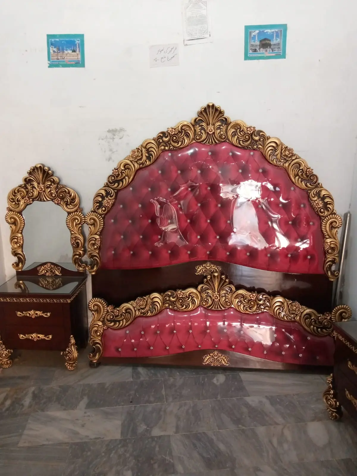 Crimson Velvet Baroque Carved Bed Set | Luxury Furniture Multan