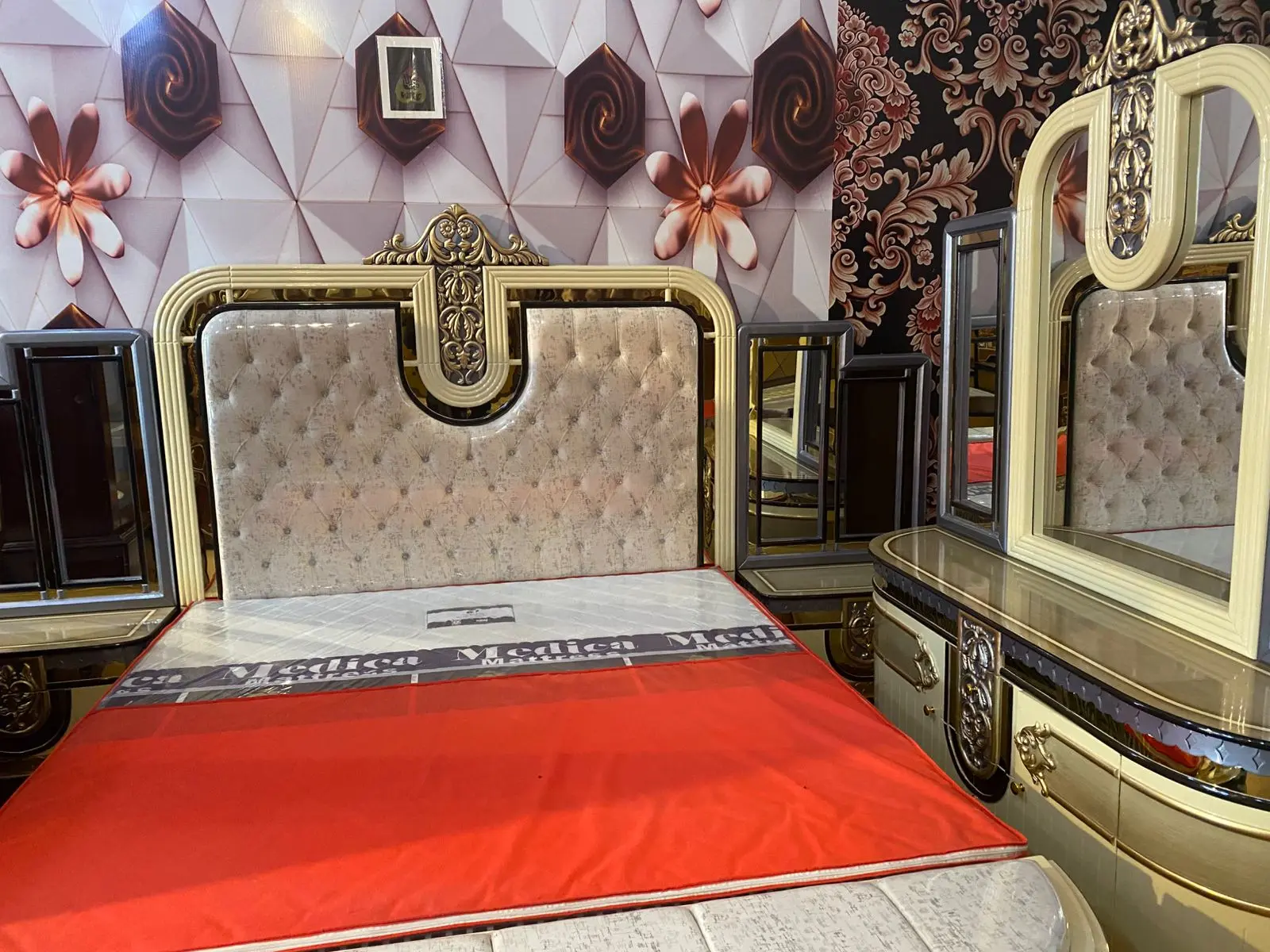 Gold Frame Button Bed Set | Complete Furniture Set Multan