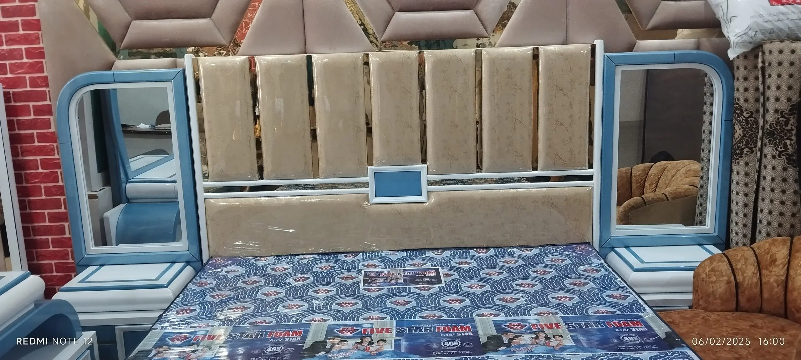 Blue Panel Bed Set with Mirror Towers | Modern Furniture Multan