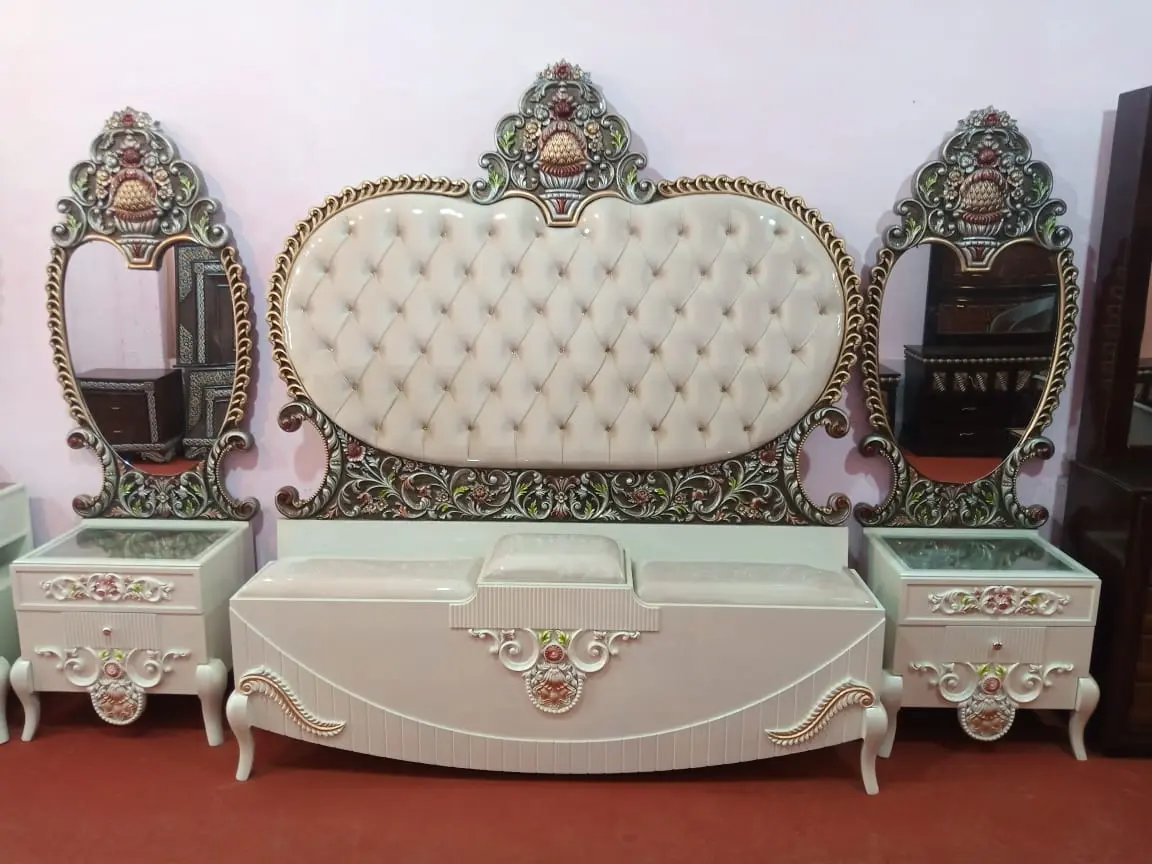 Floral Wave Cream Panel Bed | Elegant Wooden Furniture Multan