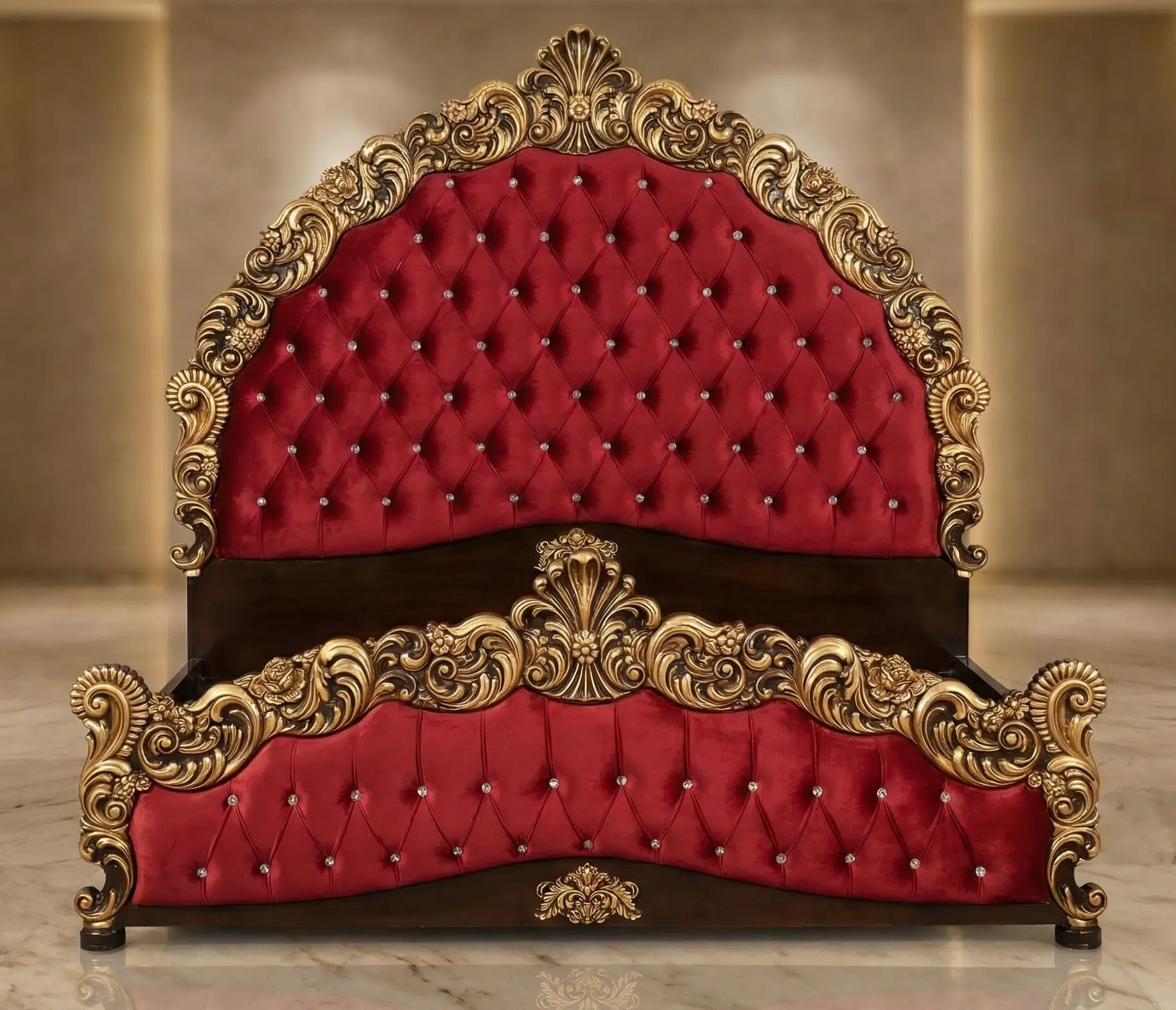 Crimson Velvet Baroque Carved Bed Set | Luxury Furniture Multan