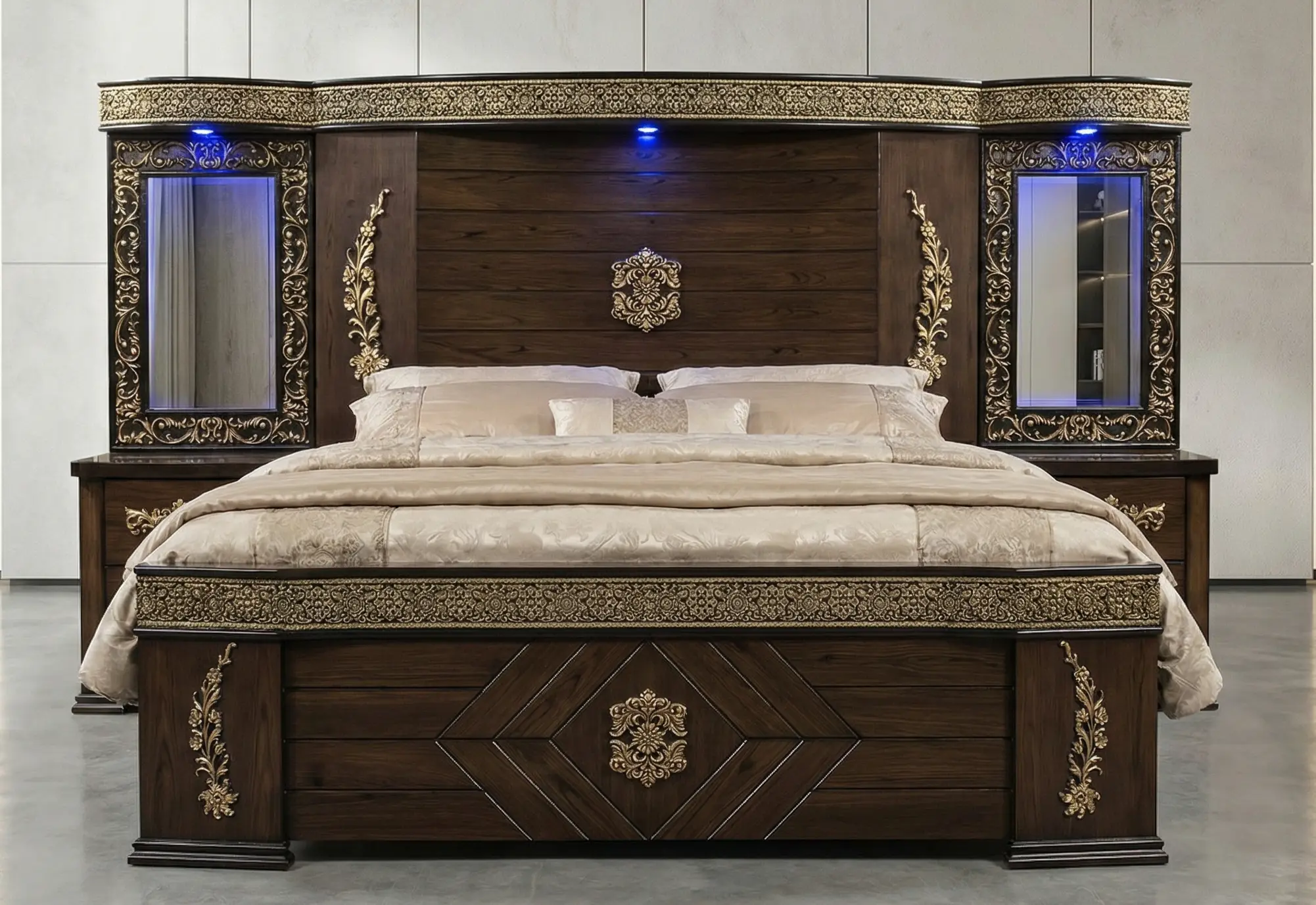 Mirror Wing Gold Stage Bed | Luxury Furniture Showroom Multan
