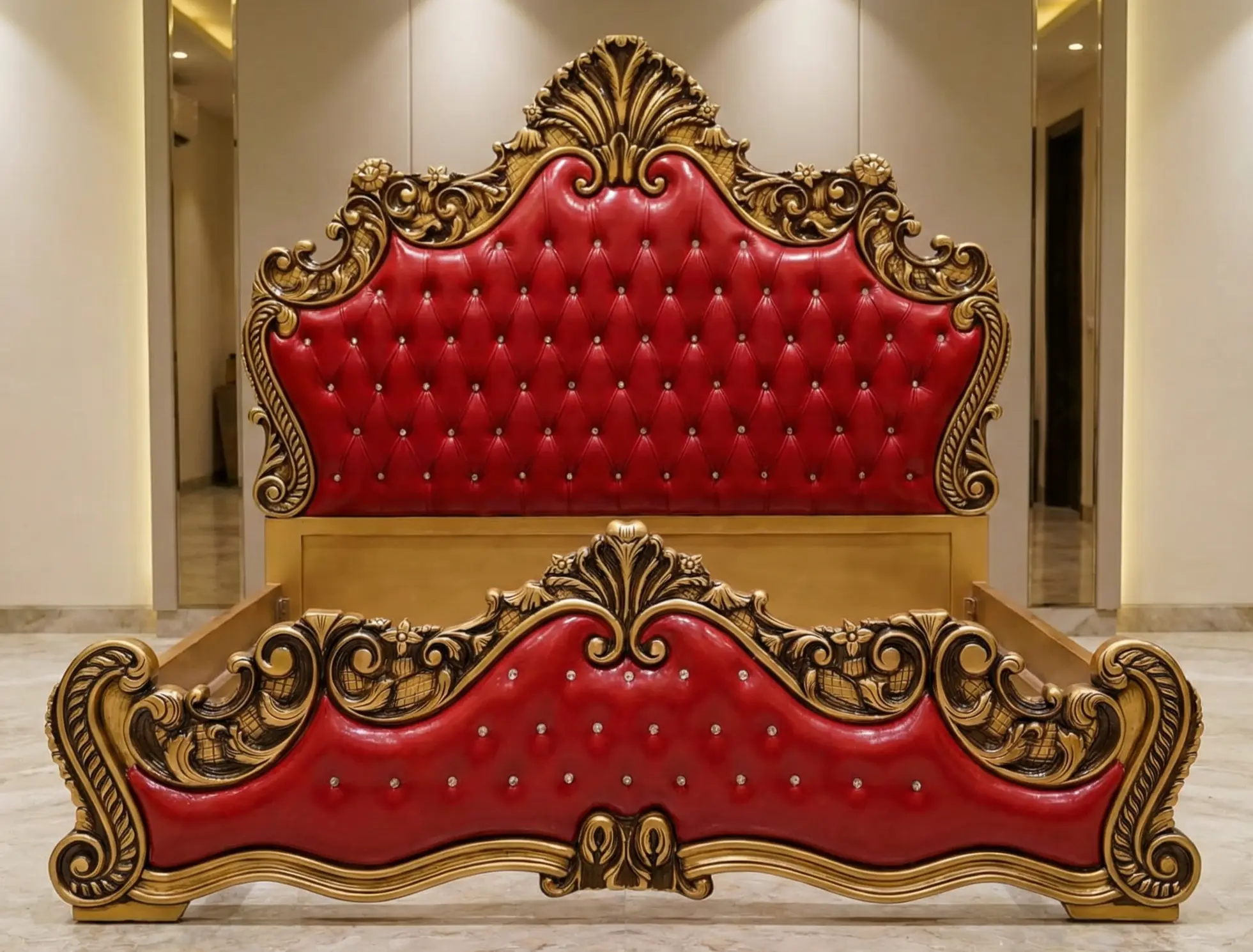 Red Fold Gold Crest Bed | Luxury Wooden Furniture Multan