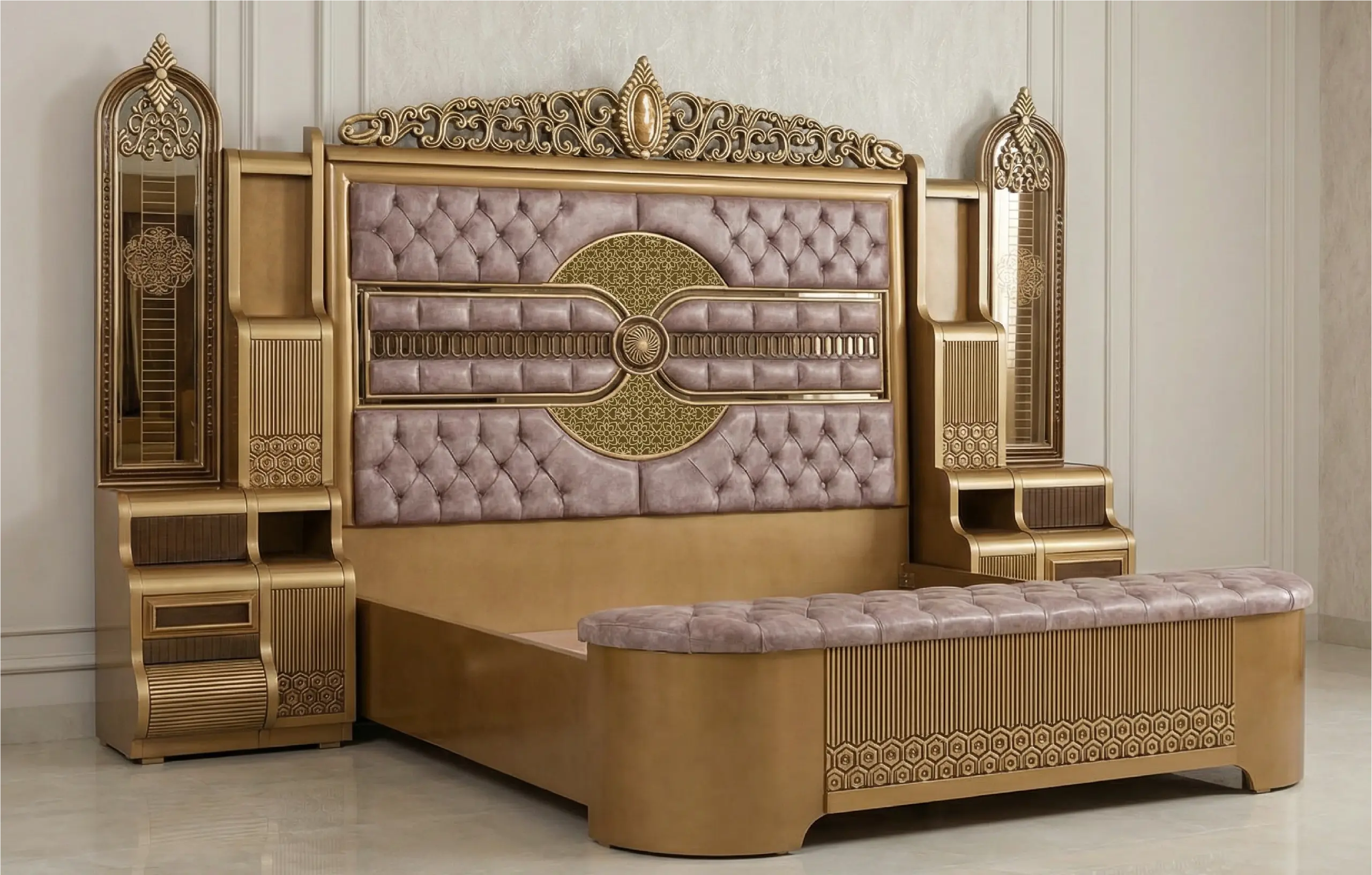Blush Aura Bed Set with Mirror Columns | Premium Furniture Multan