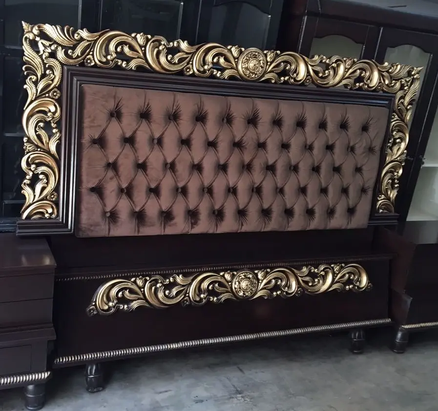 Gold Leaf Velvet Rise Bed Set | Premium Wooden Furniture Multan
