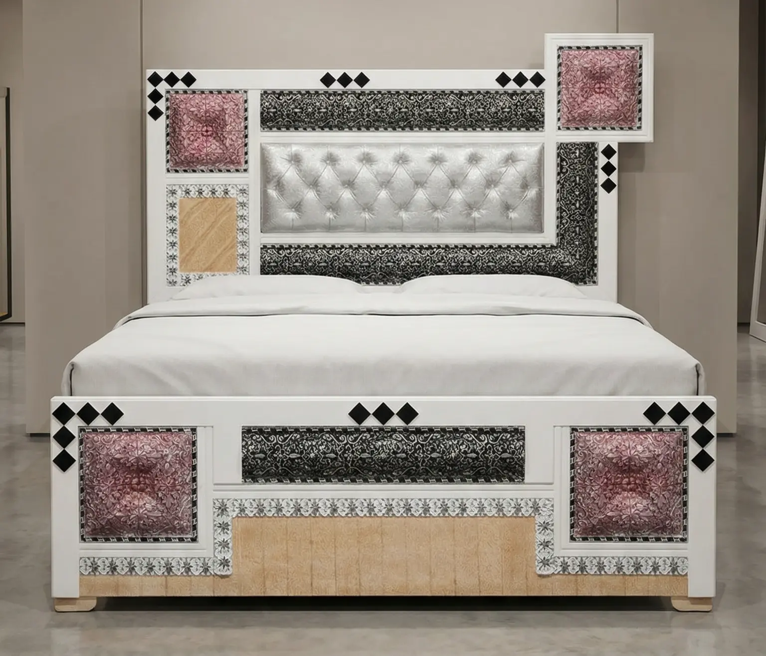 Diamond Patch Silver Art Bed | Designer Furniture Multan