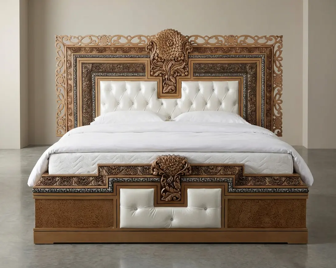 Layered Bloom Frame Button Bed | Wooden Furniture Multan