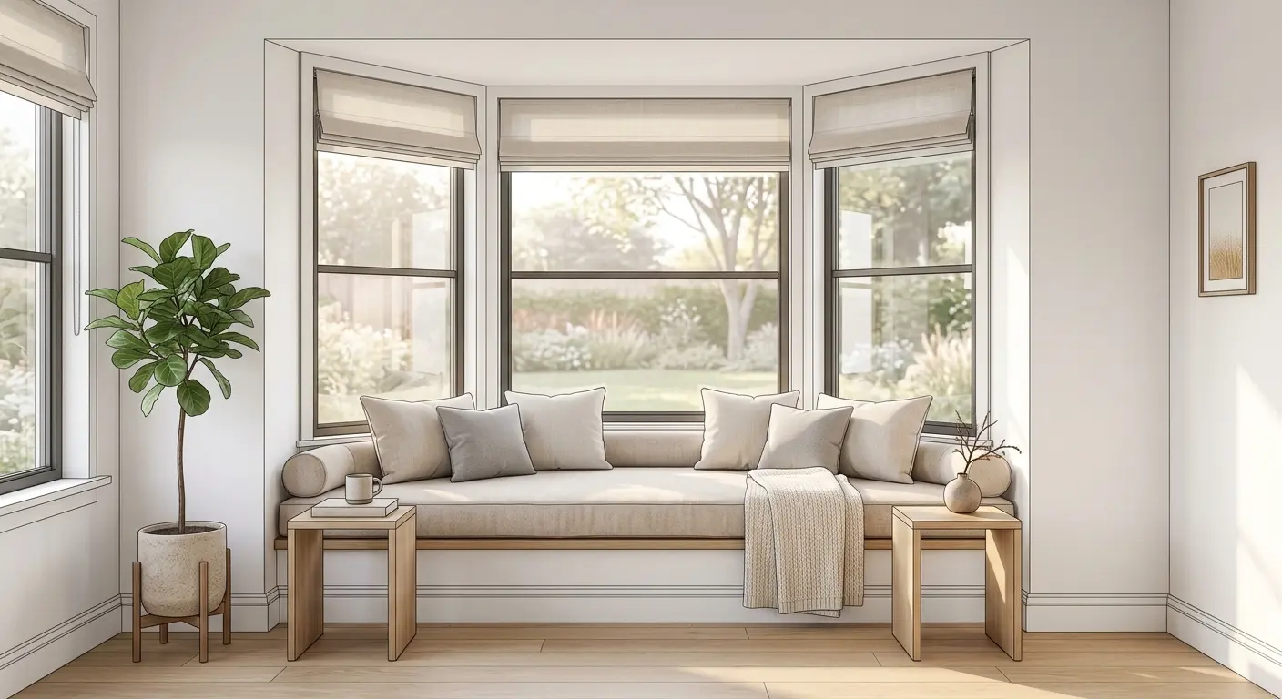 Clean-line minimalist bay window lounge with built-in bench, light oak flooring, and morning light
