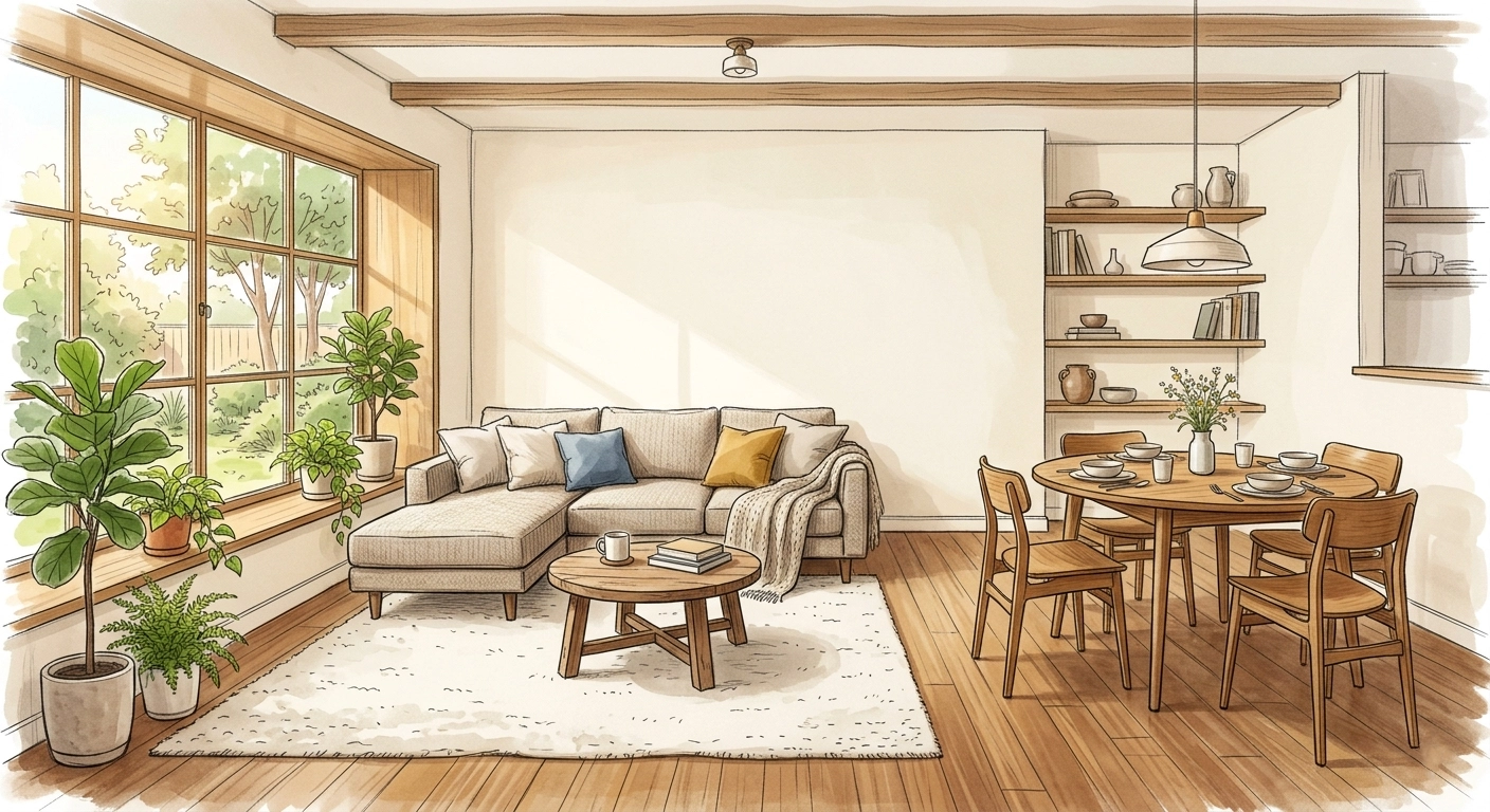 Open concept living and dining room with sectional sofa, oak dining table, natural light, and indoor plants in a Scandi-boho style