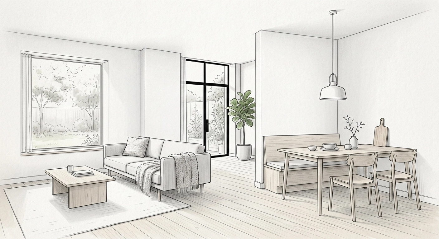 Scandinavian open concept living and dining room with pale oak floors, slim sofa, rectangular dining table, and minimal decor