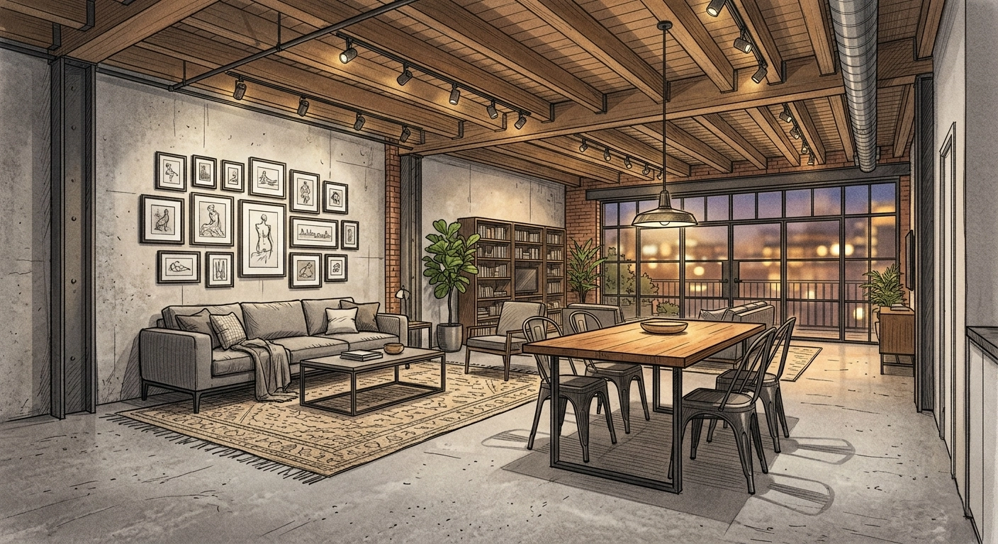 Modern industrial open concept living and dining room with exposed beams, steel window wall, live-edge walnut dining table, and large area rug