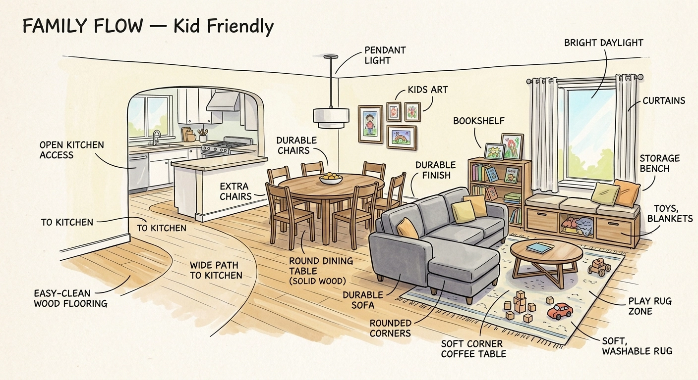 Family-friendly open concept living and dining room with round dining table, modular sectional sofa, play rug, and built-in storage bench under window