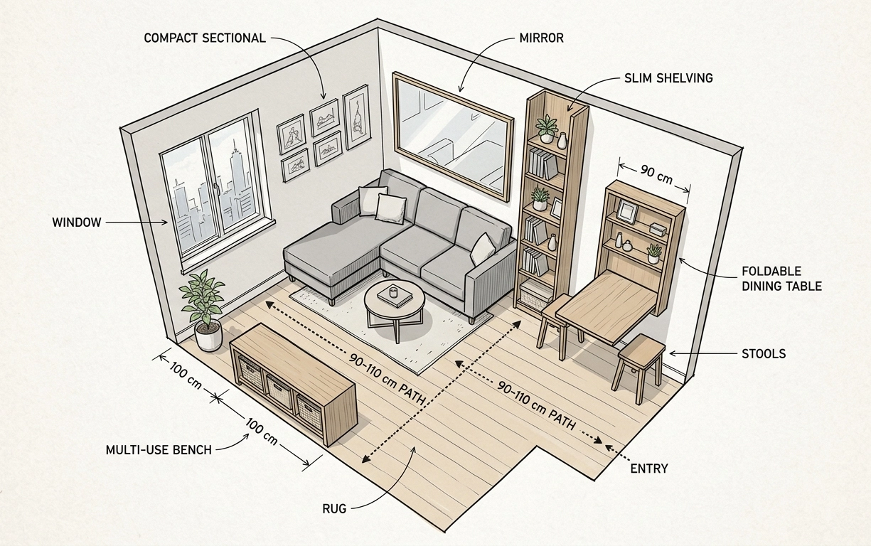Small space open concept living and dining room with wall-mounted foldable dining table, compact L-shaped sofa, large mirror, and slim shelving