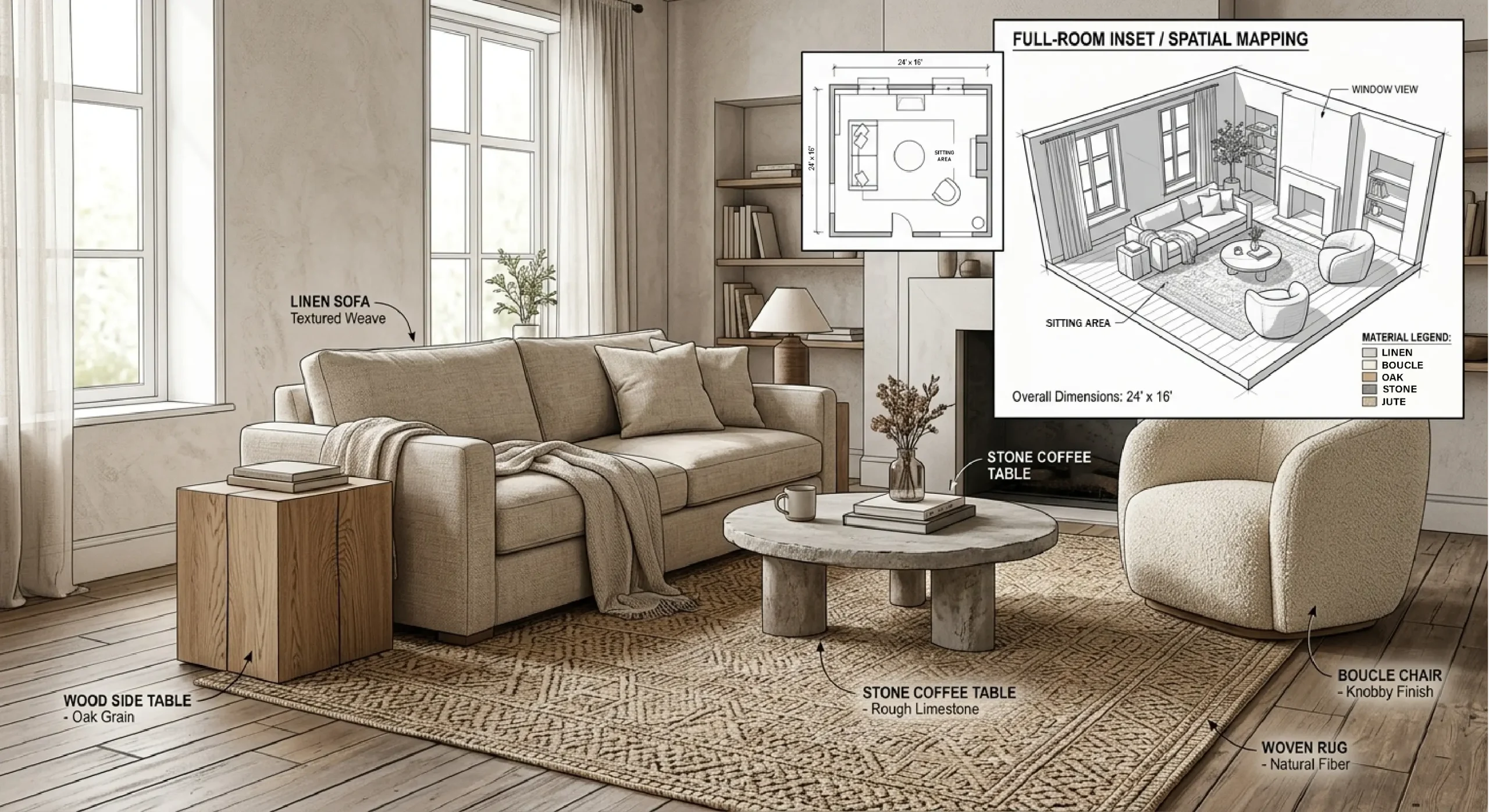 Neutral texture study for open concept living and dining room showing linen sofa, boucle chair, oak side table, limestone coffee table, and jute rug