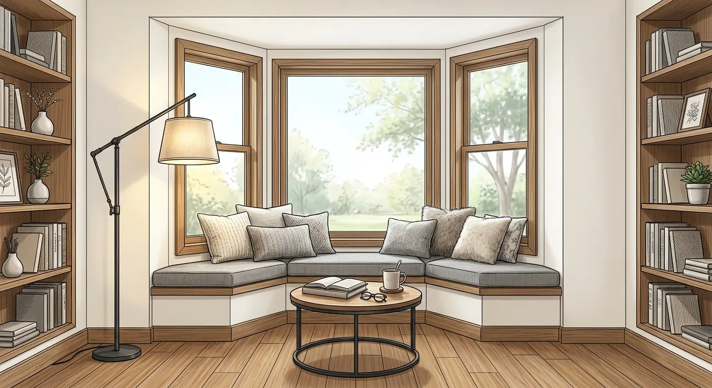 Bay window reading nook with floor-to-ceiling bookshelves, charcoal linen bench cushion, and warm floor lamp