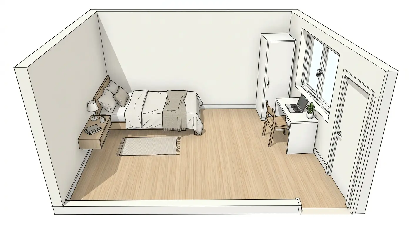 Corner bed layout for a small bedroom, showing a minimal space-efficient arrangement