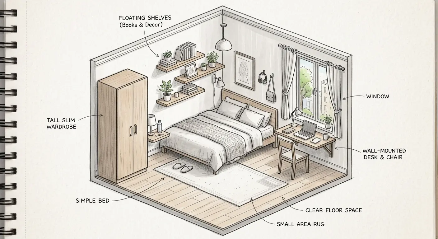 Small bedroom with floating wall-mounted desk and shelves, showing a smart vertical layout