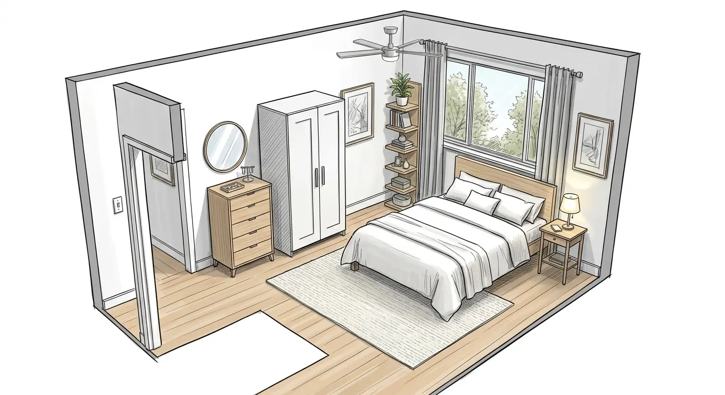 Small bedroom layout with bed placed under the window, wardrobe and dresser on the opposite wall