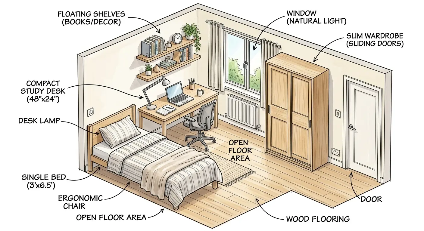 Small bedroom with a bed and study desk arranged along the same wall, with sliding wardrobe on the opposite wall