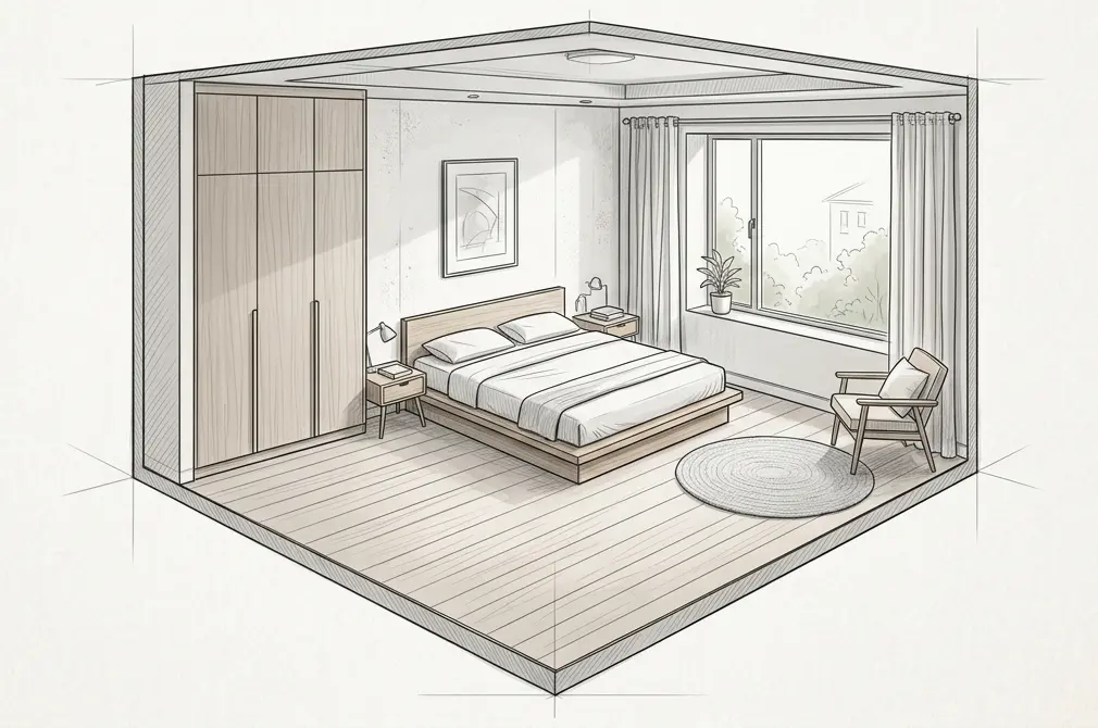 Small bedroom with a low platform bed, built-in wardrobe, accent chair, and round rug creating a warm minimal layout
