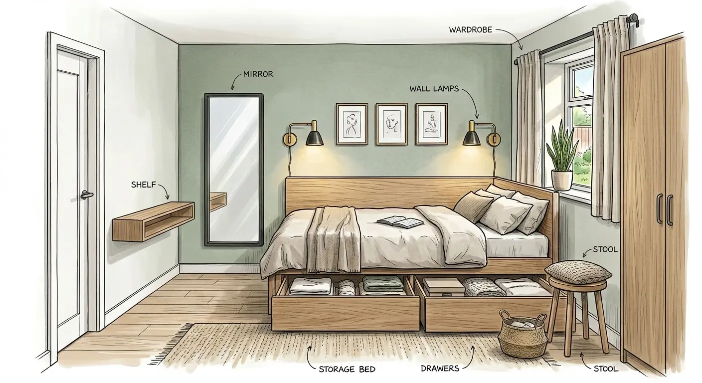 Small bedroom with a platform bed with built-in drawers, compact wardrobe, full-length mirror, and clean minimal finishes
