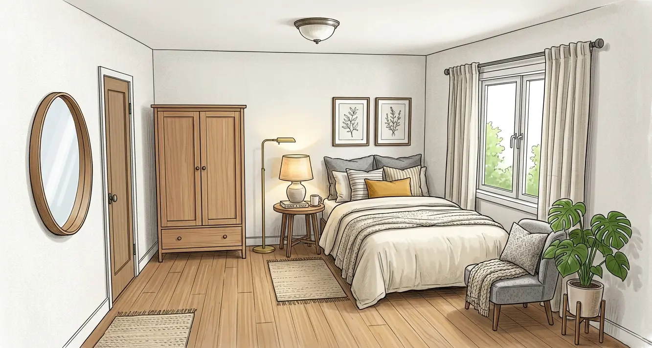 Small bedroom with a cozy nook layout featuring a bed in the corner, accent chair by the window, circular mirror, and warm textiles
