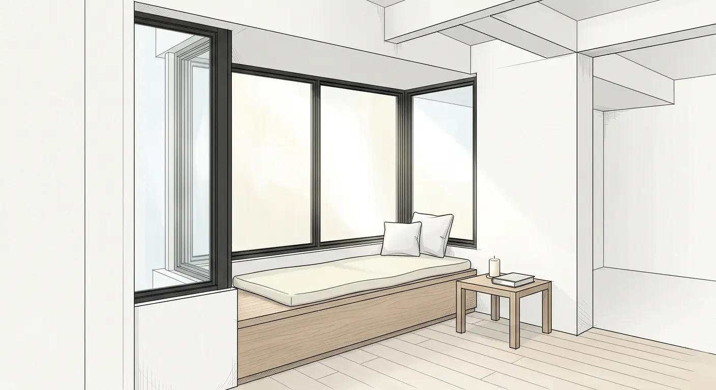 Simple minimalist bay window seat with cream cushion, small side table with candle, and white walls