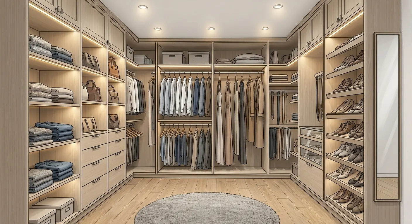 U-shaped walk in closet design with full-height cabinetry, double-hang sections, angled shoe shelves, and warm LED strip lighting