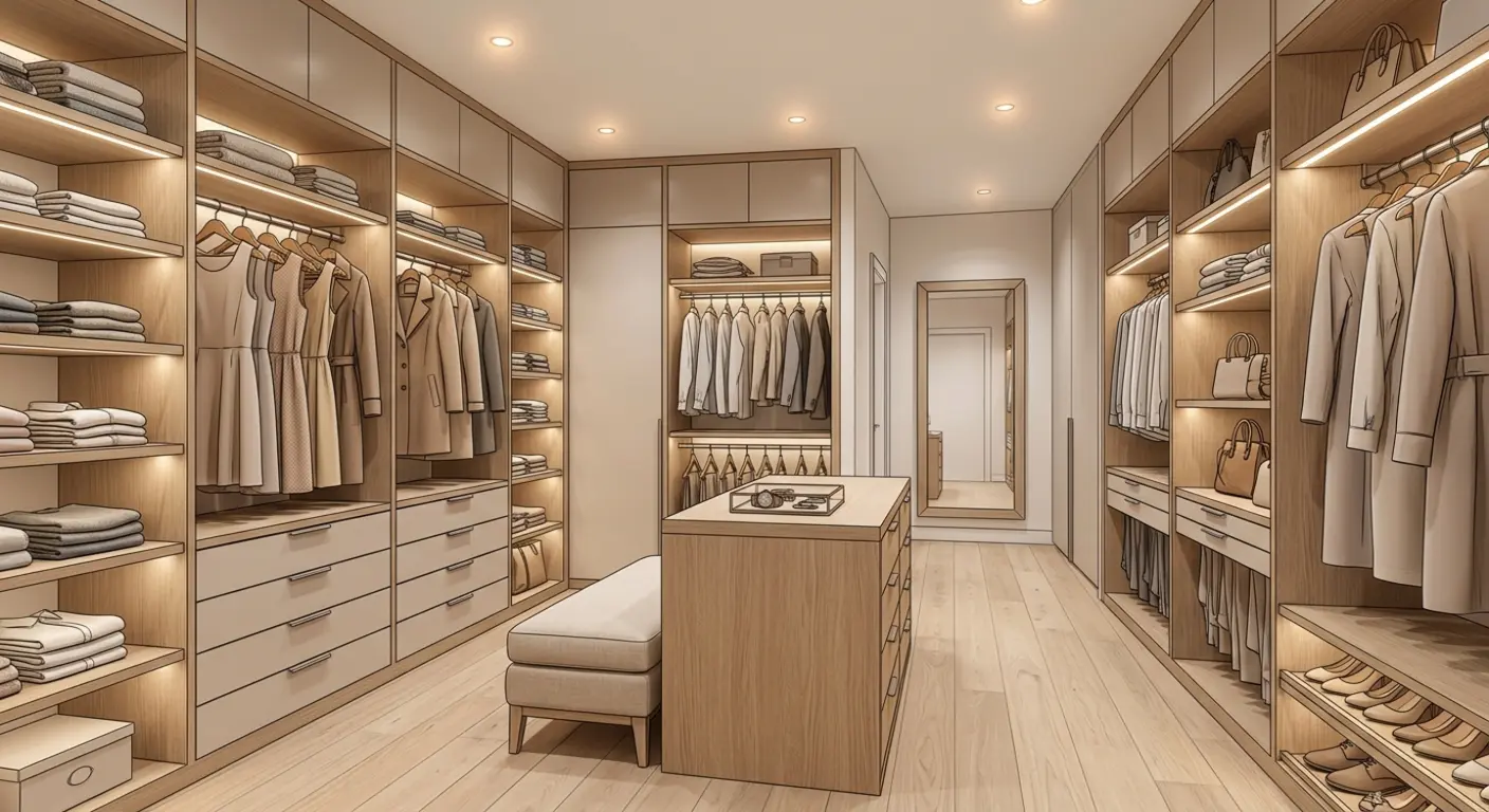 Luxury galley walk in closet with a center island, glass-top jewelry display, tufted bench, and double-height cabinetry in bleached walnut