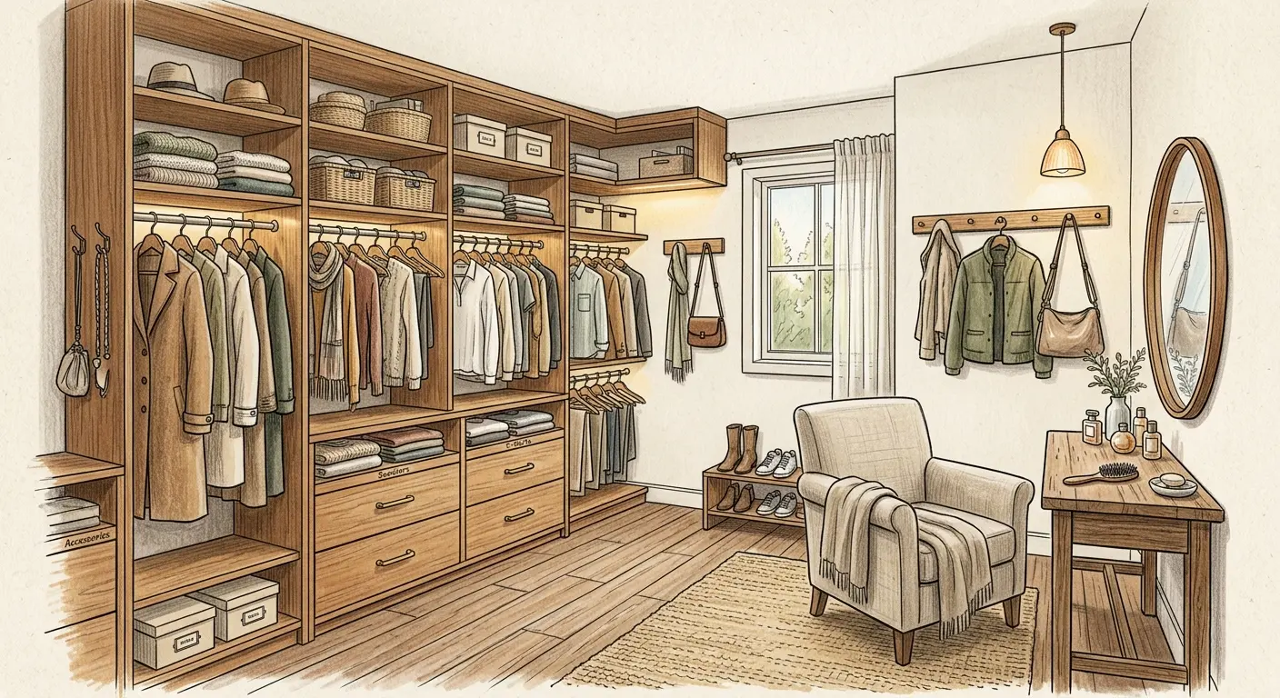 Cozy walk in closet design with U-shaped storage, a round mirror vanity corner, plush armchair, and natural daylight from a casement window