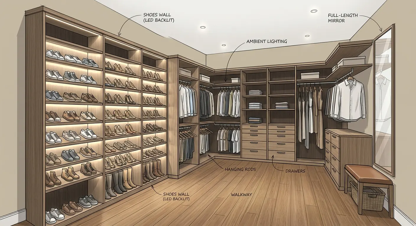 L-shaped walk in closet design with a backlit shoe display wall, double hang rods, handle-less push-to-open drawers, and a leather bench with wicker basket below