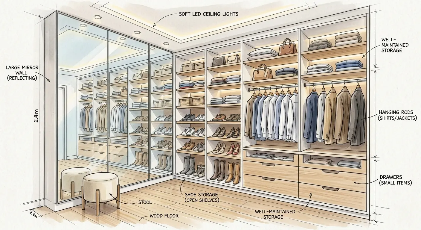 Walk in closet design with a full-length seamless mirror wall on one side and five-bay open storage wall opposite, with LED shelf lighting and a round upholstered stool