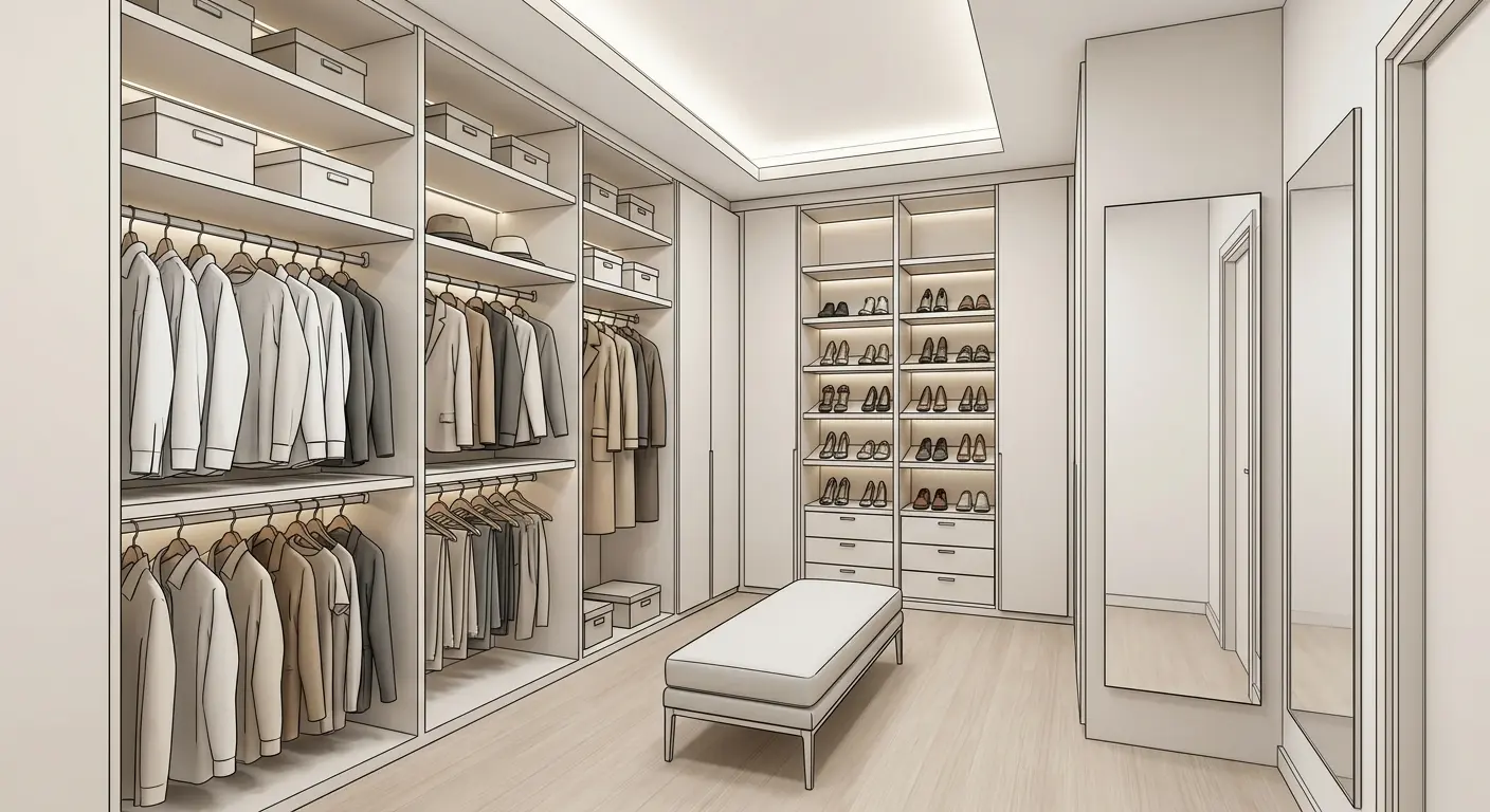 Minimalist rectangular walk in closet design with monochromatic cabinetry, a large recessed LED ceiling panel, built-in floor-to-ceiling mirror, and a slim upholstered bench