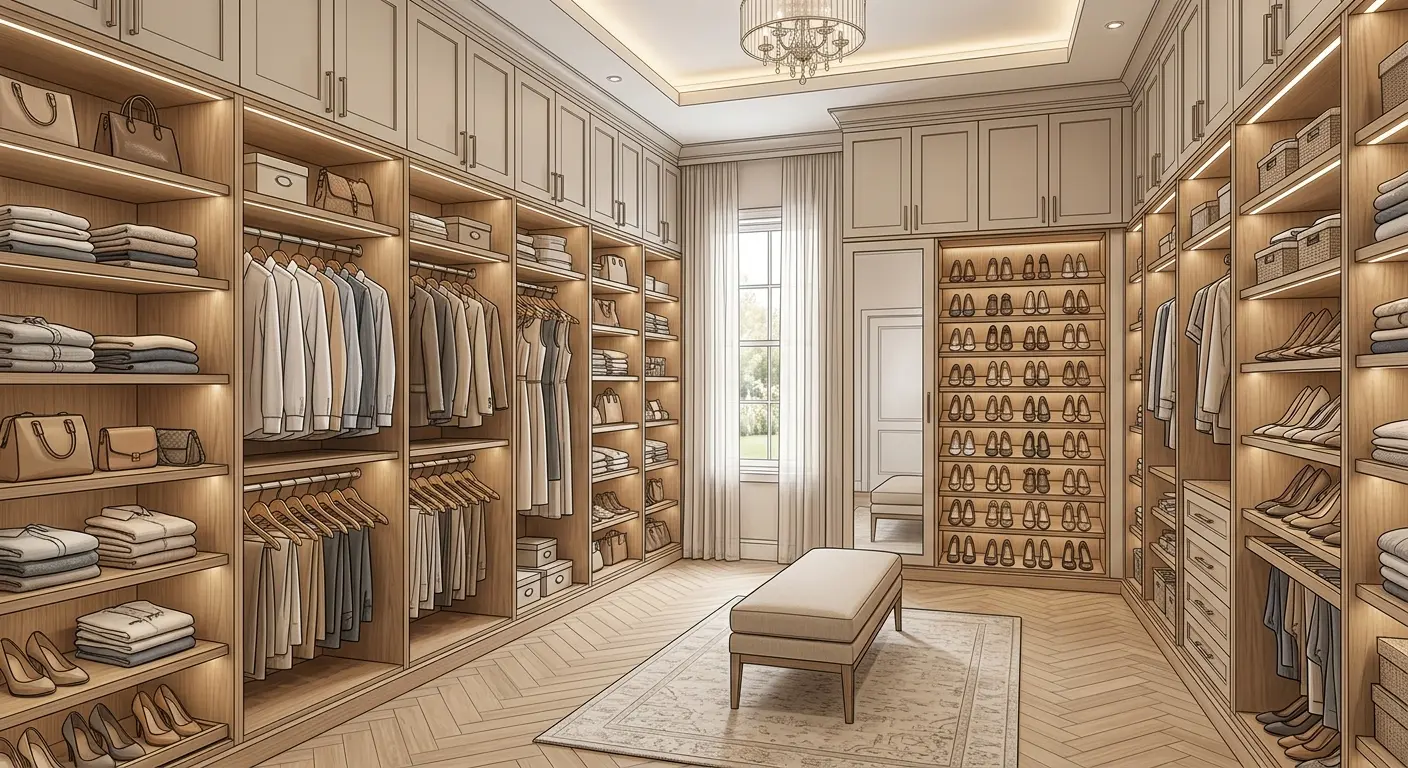 Grand galley walk in closet design with a crystal chandelier, three-zone tiered cabinetry, angled shoe wall with floor-to-ceiling mirror, herringbone oak floors, and a tall window providing natural light