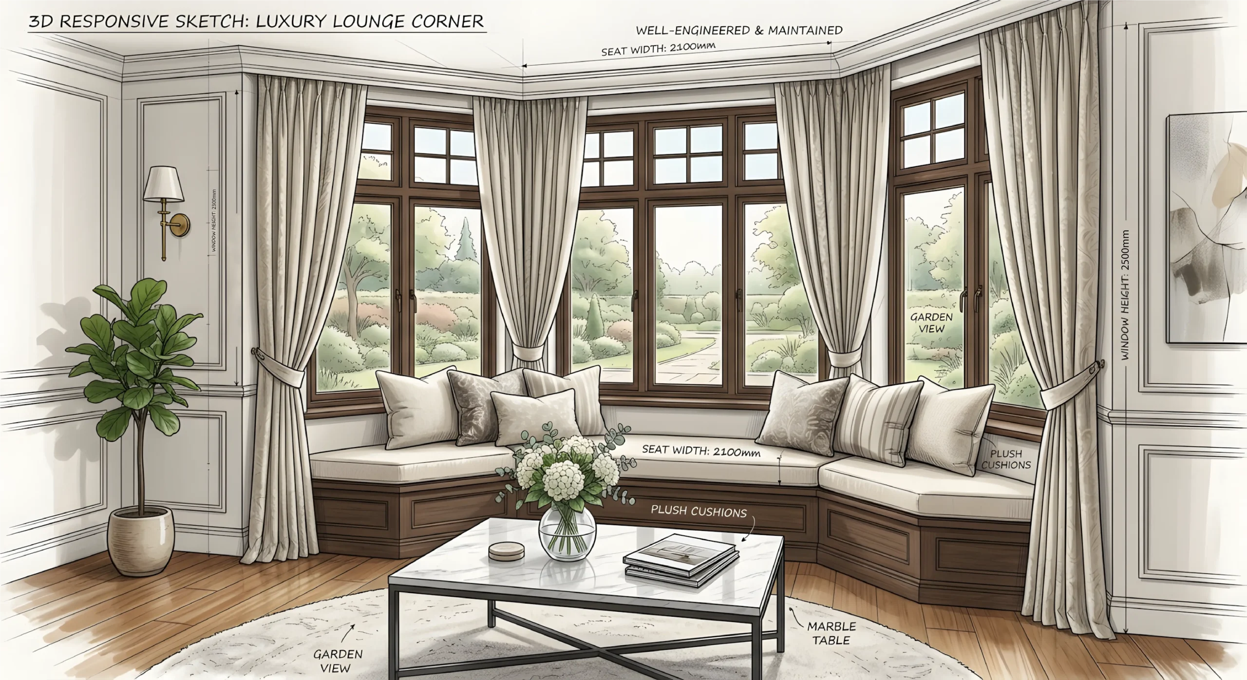 Luxury bay window lounge with Carrara marble coffee table, cream drapes, walnut built-in bench, and garden view