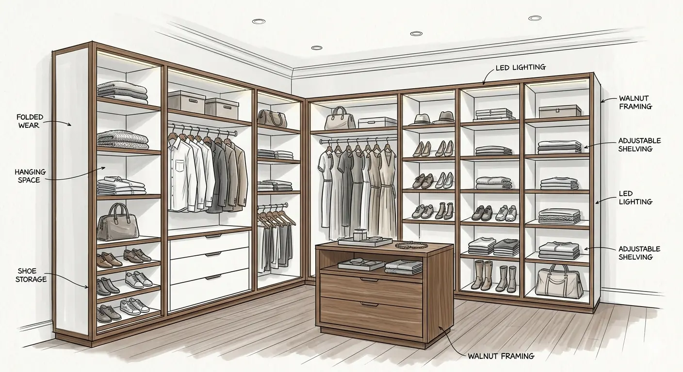 L-shaped custom walk-in closet design with walnut wood frames, integrated LED strip lighting, white push-to-open drawers, and central island with watch display niche