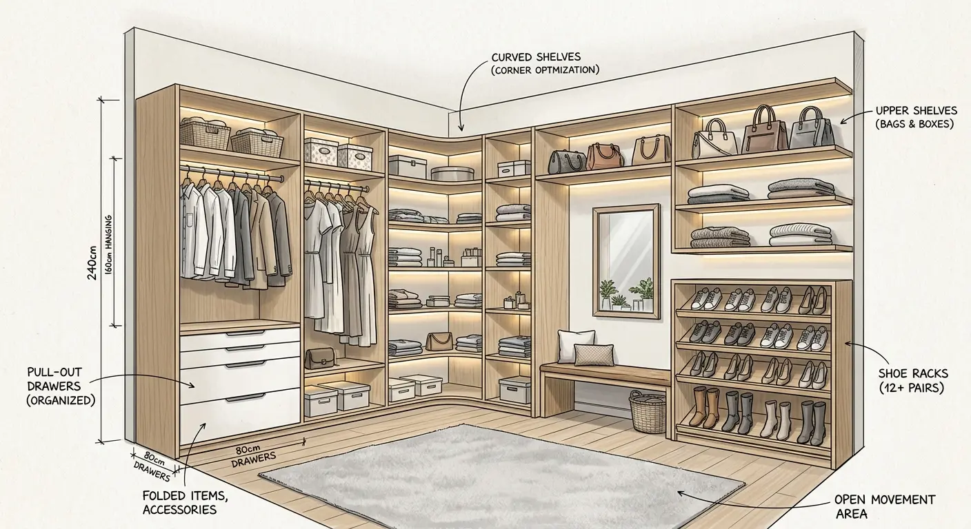 Corner walk-in closet design with curved wrap-around shelves, light oak wood frame, dual hanging rails, built-in vanity mirror, dressing bench, and angled shoe rack