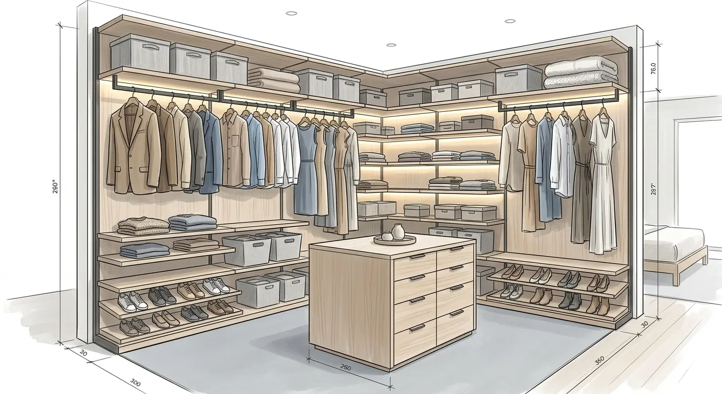 Open-concept L-shaped walk-in closet design with oak wood, symmetrical double hanging rails, organized shoe shelves, folded clothing sections, and central accessory island with drawers