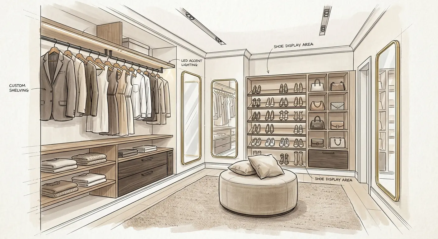 U-shaped luxury boutique walk-in closet design with warm oak and white lacquer cabinetry, arched floor-to-ceiling mirrors, shoe display wall, circular upholstered ottoman, and layered LED lighting