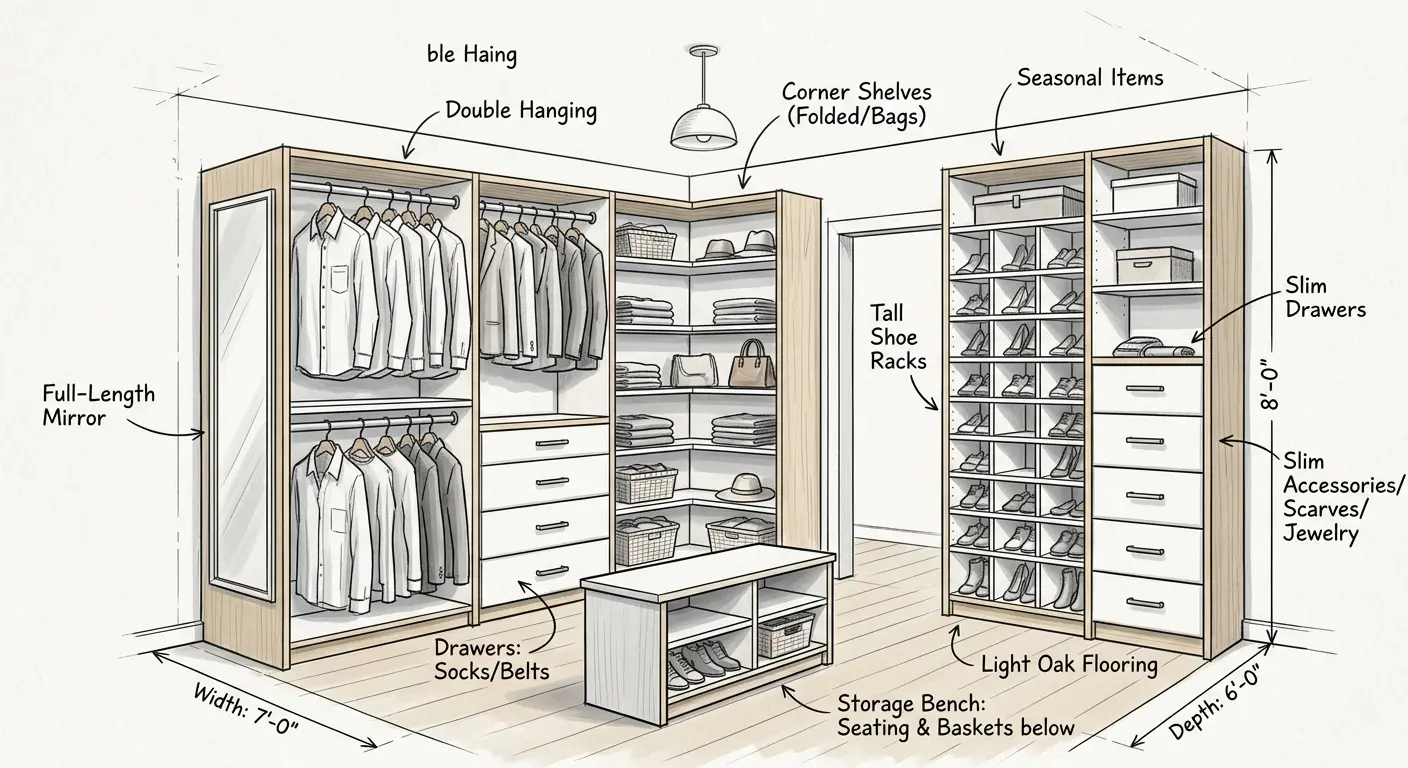 Compact smart walk-in closet design for small spaces, 7 by 6 foot room with 8-foot ceiling, double hanging rods, shoe cubby grid, L-shaped corner shelves, slim accessory drawers, center storage bench, and built-in full-length mirror