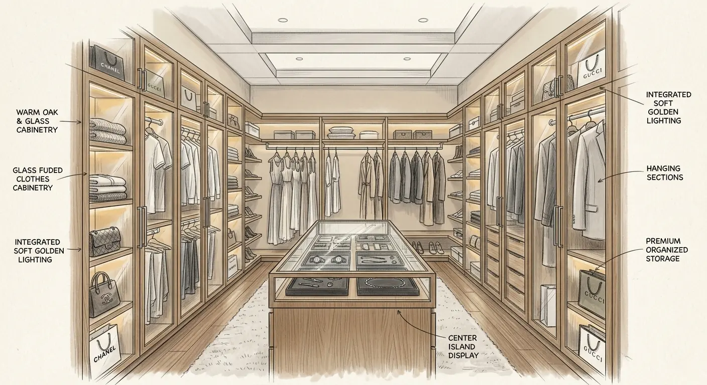 Galley-style luxury custom walk-in closet with center jewelry island featuring glass display top, glass-fronted armoires with tempered glass doors, warm oak floor-to-ceiling millwork, brushed brass hardware, and layered LED lighting