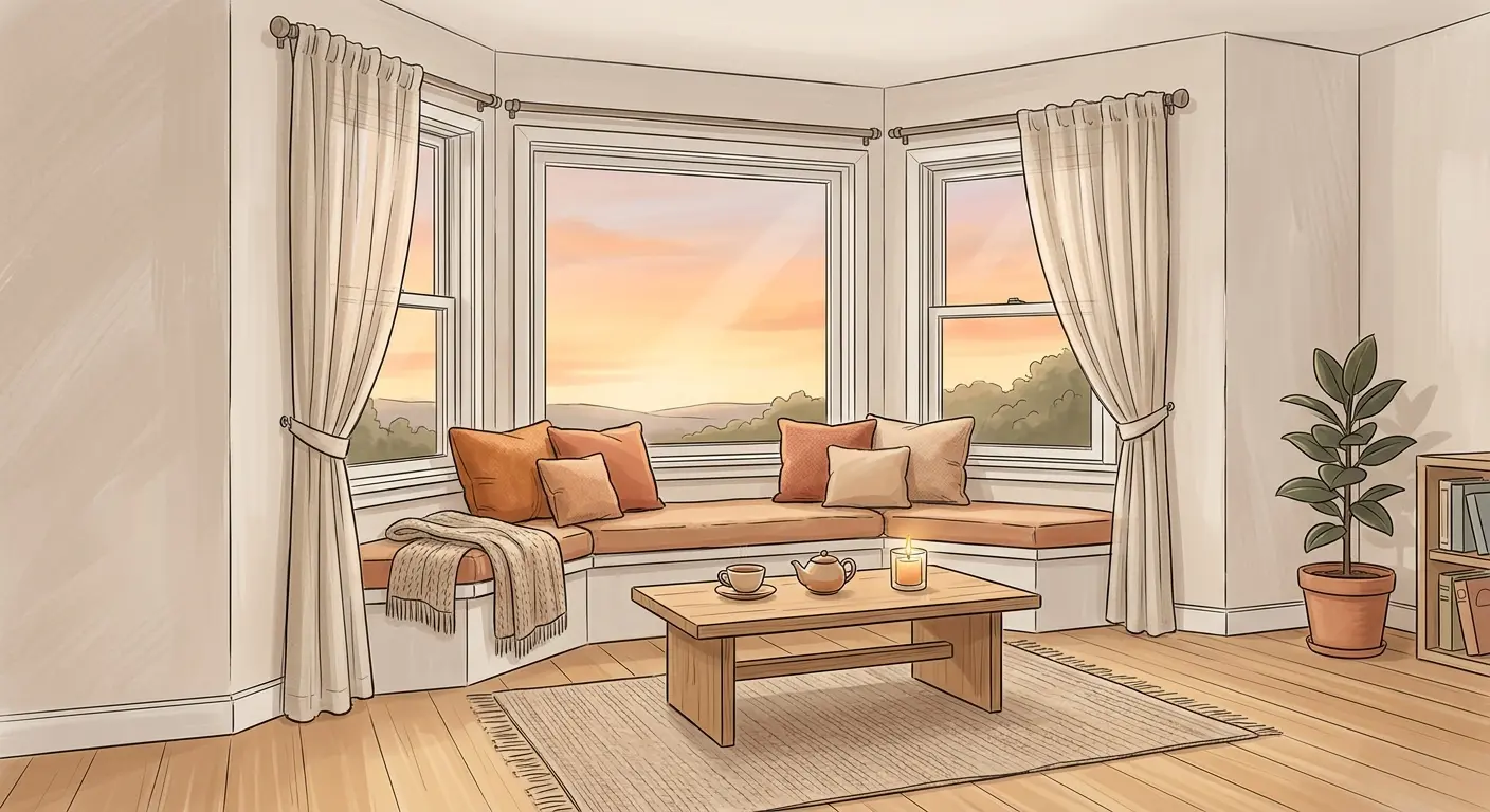 Bay window lounge with terracotta cushions, linen curtains, jute rug, and golden hour sunset lighting