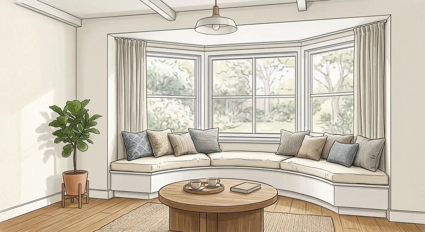 Bay window lounge with burnt orange pillows, cream oatmeal drapes, rubber plant, and ceramic tea set