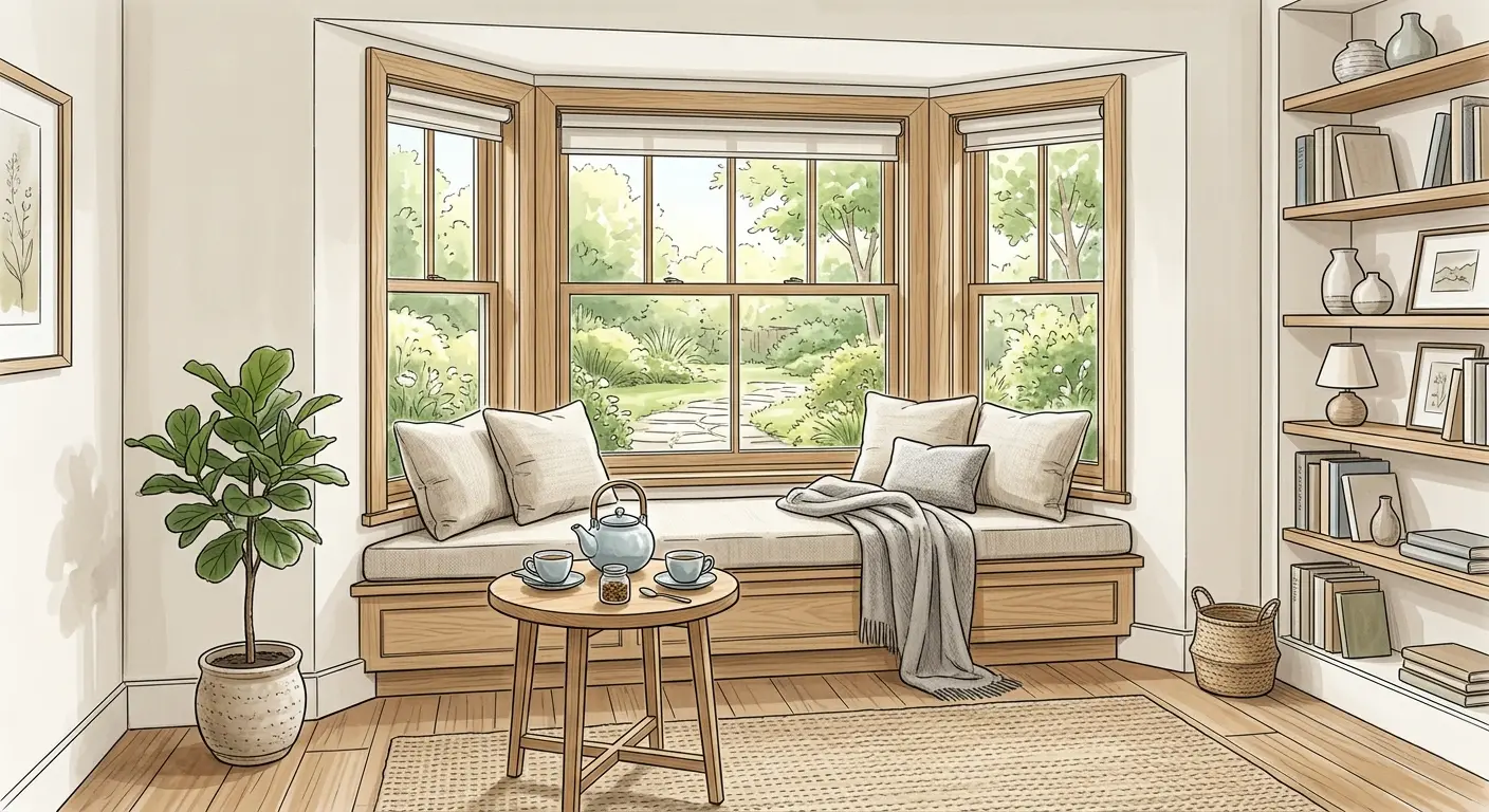 Zen-style bay window lounge with fiddle leaf fig, ceramic tea set, linen cushions, and built-in bookshelves